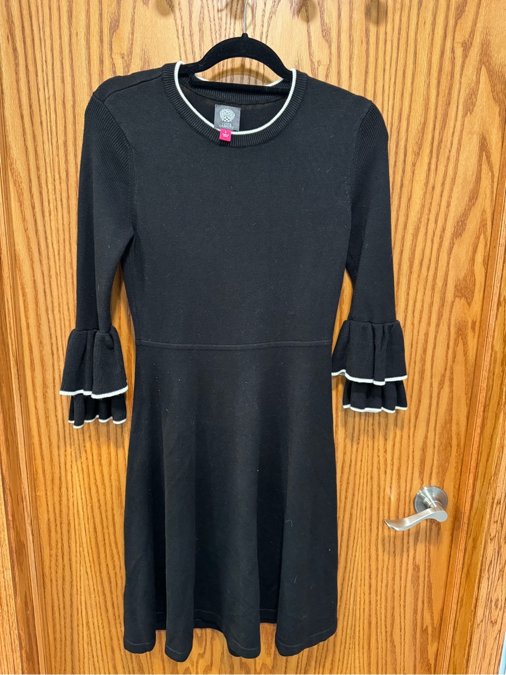 Vince Camuto Black Knit Dress with White Trim Ruffle Sleeves